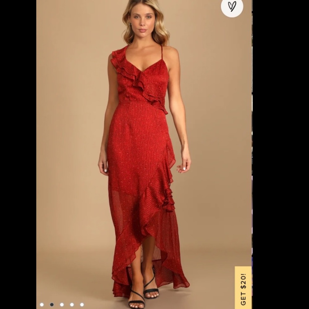 Red print asymmetric ruffle maxi dress